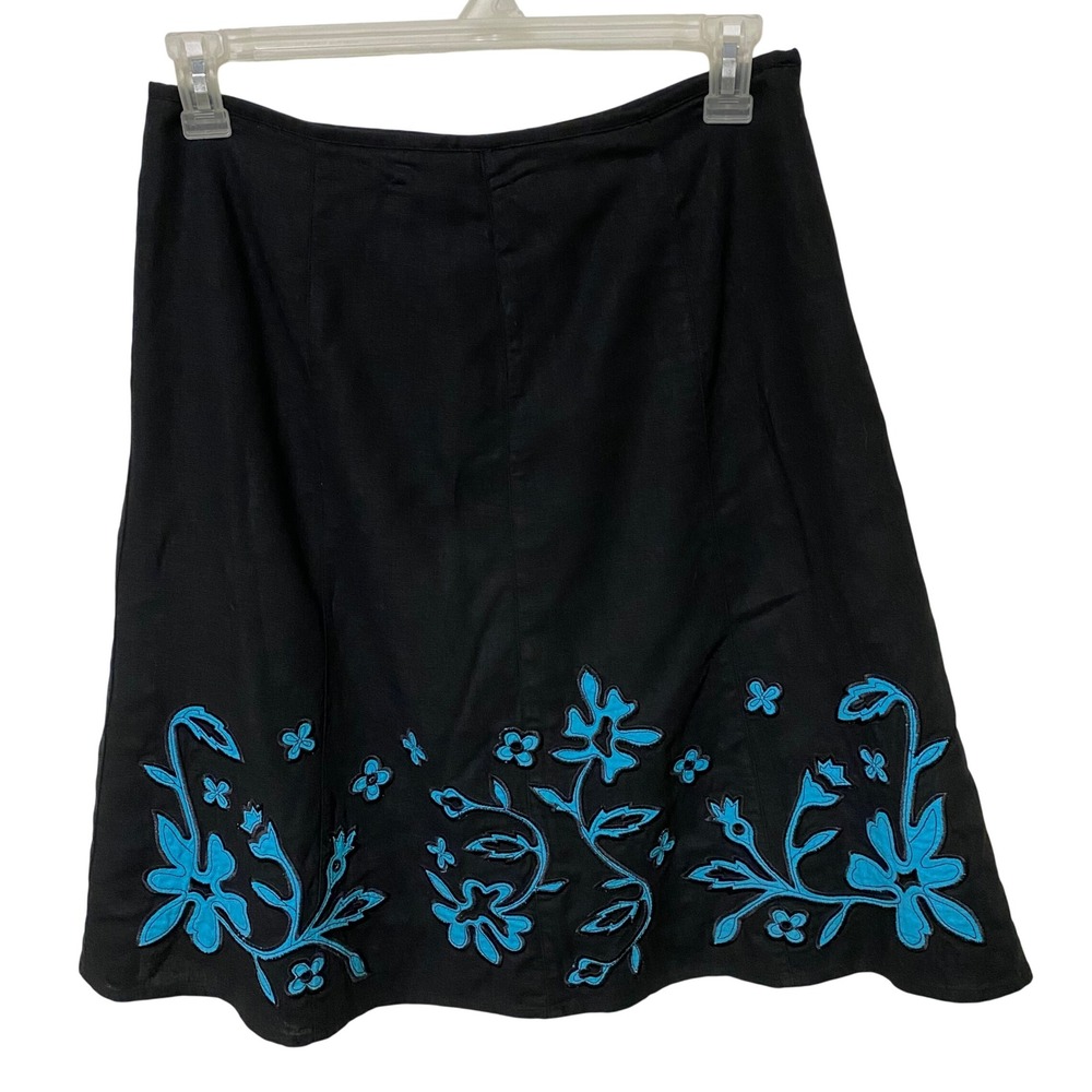 Vtg 80s 90s Linen Blend A-line Skirt Size 10 Black Floral Detail Side Zip Boho